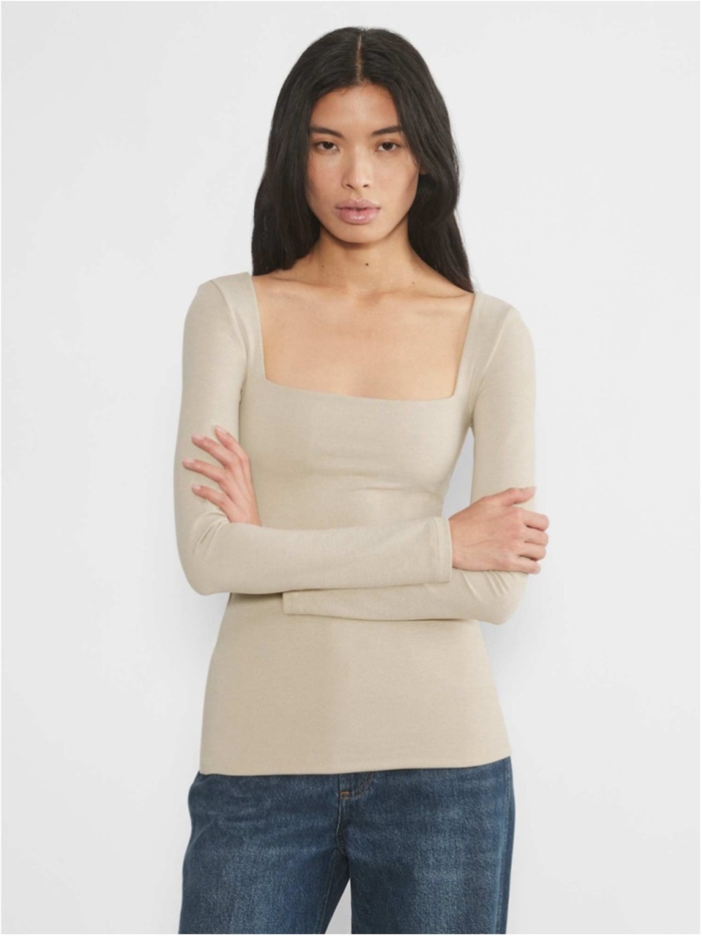 ARITZIA Contour Squareneck Hip Longsleeve in Heather Oat Beige Size L